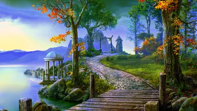 Fantasy Landscape Cobblestone Leading World Wallpaper 4K 1920x1080 Hd, Desktop, Wallpaper, Featuring, A, Fantasy, Landscape, With, Cobblestone, Path, Leading, Gazebo, Pink, Purple, White, Ultrawide, Full HD