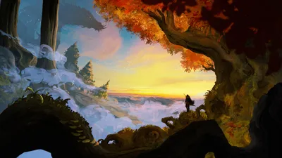 Bold Fantasy Wallpaper Nature Wallpaper 4K 3840x2160 A, Fantasy, Painting, Featuring, Dragon, And, Lone, Figure, Standing, Misty, Forest, Illuminated, Yellow, Pink, Ultrawide, 4k