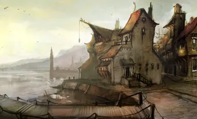 Fantasy Town Rustic World Wallpaper 4K 3581x2171 Hd, Pc, Desktop, Wallpaper, Showcasing, A, Fantasy, Town, Rustic, Buildings, Along, Waterfront, White, Ultrawide, QHD