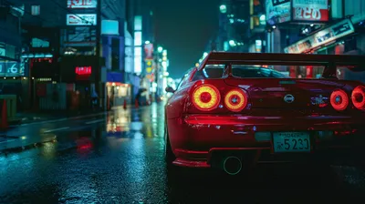 Dark Red Wallpaper World Wallpaper 4K 2912x1632 Red, Nissan, Skyline, Gt-r, Parked, On, A, Wet, City, Street, Night, Illuminated, Brown, Gray, Ultrawide, QHD