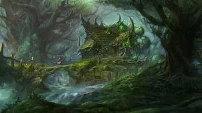 Mystical Forest Green Witch Cottage Fantasy Wallpaper 4K 1920x1080 A, Mystical, Forest, Scene, Featuring, Green, Witch's, Witch, 039, Cottage, Surrounded, Trees, Gray, Ultrawide, Full HD