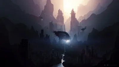 Towering Creature Looms Futuristic World Wallpaper 4K 2560x1440 A, Towering, Creature, Looms, Over, Futuristic, Sci‑fi, Cityscape, Dusk, Creating, Dark, Atmospheric, White, Ultrawide, QHD