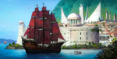 Serene Fantasy Wallpaper World Wallpaper 4K 2118x1080 A, Fantasy, Cityscape, With, White, Domed, Buildings, And, Towers, Featuring, Large, Ship, Brown, Gray, Black, Ultrawide, Full HD