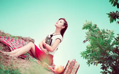 Vivid Asian Wallpaper Abstract Wallpaper 4K 2560x1600 Asian, Woman, Sitting, On, A, Blanket, In, Natural, Setting, Holding, Book, Looking, White, Ultrawide, QHD