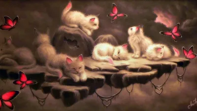 Whimsical Fantasy Adorable Fantasy Wallpaper 4K 1920x1080 A, Whimsical, Fantasy, Scene, Featuring, Adorable, Kittens, Resting, Rocky, Surfaces, Surrounded, Vivid, Gray, Brown, Ultrawide, Full HD