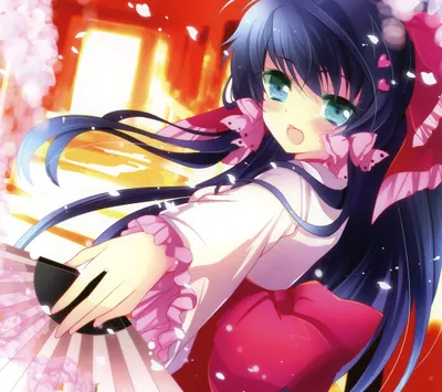 Bright Fan Wallpaper Black/Dark Wallpaper 4K 2192x1944 Fan, Black, Hair, Long, Cherry, Blossom, Blue, Eyes, Blush, Smile, Miko, Outfit, White, Square, Full HD