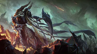 Dark Menacing Warrior Black/Dark Wallpaper 4K 5334x3000 A, Dark, Menacing, Warrior, With, Horned, Armor, And, Massive, Weapon, Stands, Amid, Gray, Ultrawide, 4k