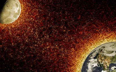 Vivid Depicting Earth Moon Space Wallpaper 4K 1920x1200 Vivid, Hd, Wallpaper:, Depicting, Earth, And, The, Moon, Surrounded, Fiery, Cosmic, Encapsulating, Brown, Orange, Ultrawide, Full HD
