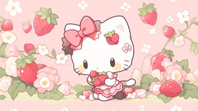 Calm Hello Wallpaper Nature Wallpaper 4K 2912x1632 Hello, Kitty, With, Strawberries, And, Flowers, On, A, Pink, Desktop, White, Ultrawide, QHD