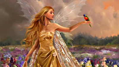 Serene Fantasy Wallpaper Fantasy Wallpaper 4K 2560x1440 A, Fantasy-themed, Hd, Desktop, Wallpaper:, Featuring, Fairy, Ethereal, Wings, Holding, Colorful, Parrot, Gray, Ultrawide, QHD