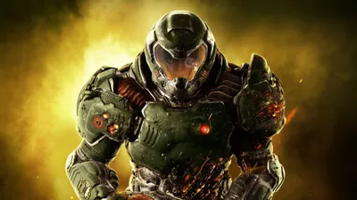 Golden Doomguy Wallpaper Abstract Wallpaper 4K 3840x2160 Doomguy, From, Doom, Eternal, In, Detailed, Green, Armor, Set, Against, Fiery, Showcased, Orange, Yellow, Ultrawide, 4k