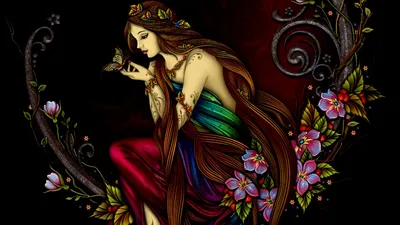 Bold Mystical Wallpaper Animals Wallpaper 4K 1920x1080 A, Mystical, Woman, Adorned, With, Flowers, Sitting, Gracefully, Interacting, Butterfly, Set, Against, Gray, Pink, Ultrawide, Full HD