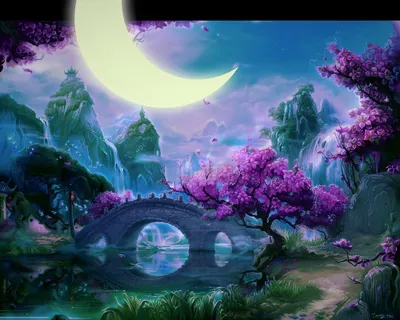 Bold Fantasy Wallpaper Nature Wallpaper 4K 2000x1600 A, Fantasy, Hd, Desktop, Wallpaper, Depicting, An, Asian-inspired, Landscape, Crescent, Moon, River, White, Square, Full HD