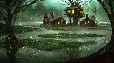 Fantasy Swamp Night Glowing Fireflies Fantasy Wallpaper 4K 3252x1798 A, Fantasy, Swamp, At, Night, With, Glowing, Fireflies, Rustic, Houses, Including, Treehouse, Gray, Ultrawide, QHD
