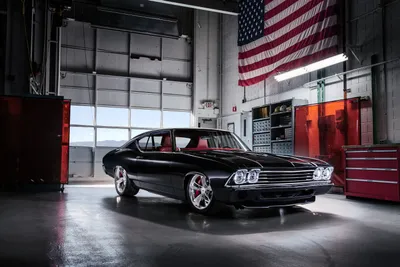 Sleek Black Chevrolet Chevelle Muscle Cars Wallpaper 4K 3000x2000 A, Sleek, Black, Chevrolet, Chevelle, Muscle, Car, Parked, Inside, Garage, American, Flag, White, Gray, Landscape, QHD