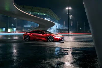 Sleek Red Supercar Modern Cars Wallpaper 4K 4096x2733 A, Sleek, Red, Bmw, I8, Supercar, Parked, Under, Modern, Architecture, Night, Captured, Gray, Landscape, 4k