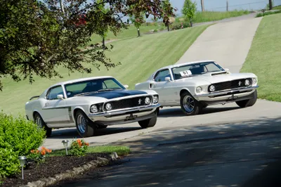 Two White Mustang Boss Cars Wallpaper 4K 2048x1360 Two, White, 1969, Ford, Mustang, Boss, 429, Muscle, Cars, Drive, Side, Winding, Gray, Ultrawide, Full HD