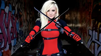 Confident Woman Vibrant Abstract Wallpaper 4K 2100x1181 A, Confident, Woman, In, Vibrant, Red, And, Black, Cosplay, Holds, Two, Swords, Ultrawide, Full HD