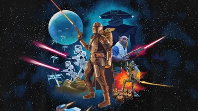 Crisp Mandalorian Wallpaper Space Wallpaper 4K 3840x2160 The, Mandalorian, With, Grogu, On, His, Shoulder, Amid, Starfield, Ships, Stormtroopers, Lightsabers, Gray, Brown, Pink, Ultrawide, 4K