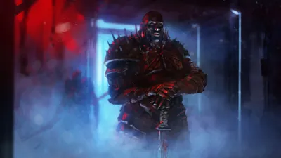 Dreamy Dark Wallpaper Black/Dark Wallpaper 4K 3200x1800 Dark, Warrior, Clad, In, Spiked, Armor, Stands, Gripping, Sword, Shrouded, Mist, Illuminated, Pink, Gray, Ultrawide, QHD
