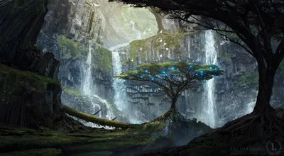 Bold Mystical Wallpaper Nature Wallpaper 4K 3325x1835 A, Mystical, Landscape, Featuring, Vibrant, Tree, Amidst, Cascading, Waterfalls, Surrounded, Lush, Forest, Gray, Ultrawide, QHD