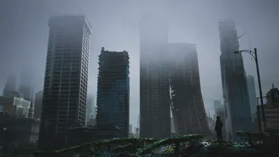Foggy Post Apocalyptic Sci World Wallpaper 4K 1920x1080 A, Foggy, Post-apocalyptic, Sci‑fi, Cityscape, With, Towering, Damaged, Skyscrapers, Dominates, Desktop, Gray, Ultrawide, Full HD