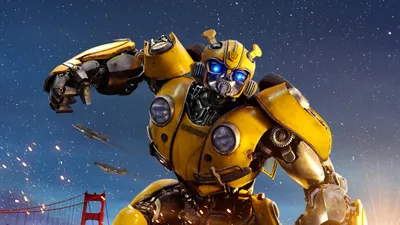 Bumblebee Transformers Movie Space Wallpaper 4K 4800x2700 Bumblebee, From, The, Transformers, Movie, Is, Shown, In, Dynamic, Pose, Against, Starry, Brown, Yellow, Ultrawide, 4k