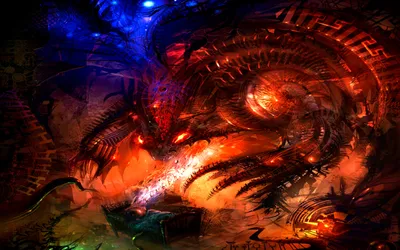 Bright Dark Wallpaper Fantasy Wallpaper 4K 2560x1600 Dark, Surreal, Scene, Featuring, A, Fiery, Dragon, Entwined, Glowing, Blue, Red, Hues, Orange, Brown, Ultrawide, QHD