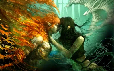 Fantasy Angel Fiery Orange Fantasy Wallpaper 4K 1920x1200 Hd, Fantasy, Wallpaper:, Featuring, An, Angel, With, Fiery, Orange, Wings, Embracing, Another, Gray, White, Brown, Ultrawide, Full HD