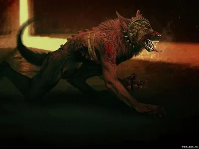 Dark Menacing Creature Spiked Collar Black/Dark Wallpaper 4K 1600x1200 Dark, Menacing, Creature, With, Spiked, Collar, And, Bared, Fangs, Prowls, Warm, Backlight, Pink, Gray, Landscape