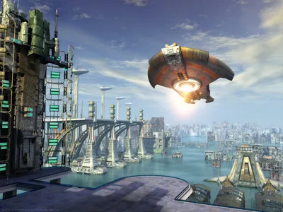 Futuristic Sci Cityscape Towering World Wallpaper 4K 1600x1200 Futuristic, Sci‑fi, Cityscape, With, Towering, Structures, And, A, Spaceship, Hovering, Over, Water, Brown, Gray, Landscape