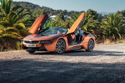 Bright Orange Supercar Cars Wallpaper 4K 4096x2731 Bright, Orange, Bmw, I8, Supercar, With, Butterfly, Doors, Open, Parked, Gravel, Road, Gray, Landscape, 4k