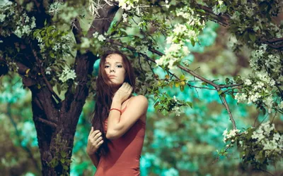 Woman Red Dress Stands Nature Wallpaper 4K 2560x1600 A, Woman, In, Red, Dress, Stands, Thoughtfully, Among, Lush, Trees, White, Flowers, Brown, Gray, Ultrawide, QHD
