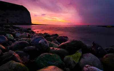 Sunset Serene Shoreline Nature Wallpaper 4K 1920x1200 A, Stunning, Sunset, Over, Serene, Shoreline, With, Smooth, Colorful, Stones, Foreground, Nature, Gray, Ultrawide, Full HD