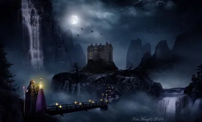 Dreamy Dark Wallpaper Fantasy Wallpaper 4K 2490x1507 A, Dark, Fantasy, Scene, Featuring, Majestic, Castle, Rocky, Outcrop, Illuminated, Moonlight, Cascading, Gray, Ultrawide, Full HD