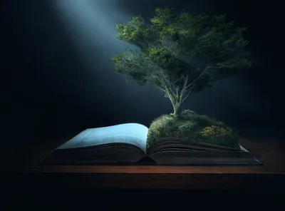 Calm Fantasy Wallpaper Nature Wallpaper 4K 5000x3704 A, Fantasy-themed, 4k, Ultra, Hd, Pc, Desktop, Wallpaper, Depicting, Open, Book, Glowing, Gray, Brown, Landscape