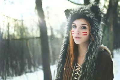 Crisp Woman Wallpaper Nature Wallpaper 4K 2048x1360 A, Woman, In, Cosplay, Wears, Furry, Hood, Red, Face, Paint, Standing, Snowy, White, Ultrawide, Full HD