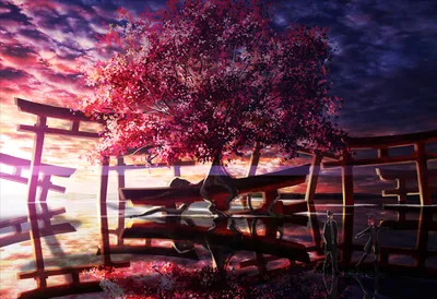 Serene Anime Vibrant Nature Wallpaper 4K 2000x1368 A, Serene, Anime, Wallpaper, Featuring, Vibrant, Sakura), Tree, Near, Temple, Set, Against, Black, Landscape, Full HD