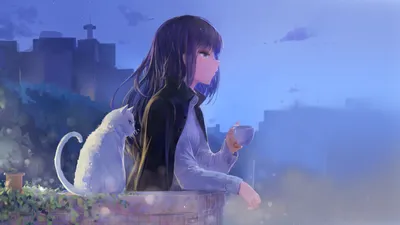 Anime Girl Long World Wallpaper 4K 1920x1080 An, Anime, Girl, With, Long, Purple, Hair, And, Eyes, Stands, Balcony, Night, Gray, Ultrawide, Full HD