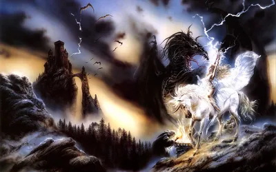 Calm Mystical Wallpaper Fantasy Wallpaper 4K 1920x1200 A, Mystical, Unicorn, Stands, Bravely, Against, Dark, Stormy, Backdrop, Featuring, Mountains, Bats, White, Gray, Ultrawide, Full HD
