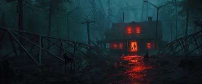 Dark Eerie House Night Black/Dark Wallpaper 4K 3840x1620 Dark, Eerie, House, At, Night, With, A, Red-lit, Doorway, Silhouetted, Figure, Wet, Brown, Ultrawide, 4k