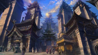 Fantasy Cityscape Towering World Wallpaper 4K 1920x1080 Hd, Fantasy, Cityscape, Featuring, Towering, Pagodas, Under, A, Vibrant, Sky, Creating, Immersive, Gray, Ultrawide, Full HD