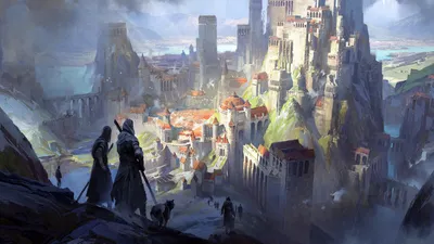 Fantasy Cityscape Cloaked Fantasy Wallpaper 4K 1920x1080 Hd, Fantasy, Cityscape, Wallpaper, Featuring, Cloaked, Figures, And, Dog, Overlooking, Ancient, Sprawling, Gray, White, Ultrawide, Full HD