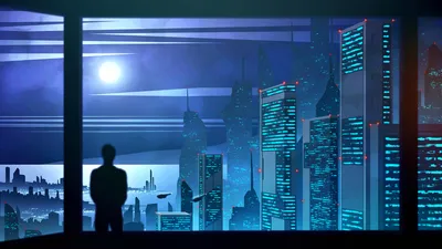 Silhouetted Figure Stands World Wallpaper 4K 1920x1080 A, Silhouetted, Figure, Stands, Inside, Building, Overlooking, Vibrant, Sci‑fi, Cityscape, Night, Illuminated, White, Brown, Ultrawide, Full HD