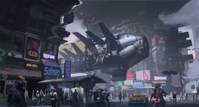 Futuristic Sci City World Wallpaper 4K 2000x1080 Futuristic, Sci‑fi, City, Street, Bustling, With, People, Neon, Signs, Massive, Airship, Hovering, Gray, Ultrawide, Full HD