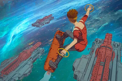 Cyborg Woman Red Space Wallpaper 4K 1920x1280 A, Cyborg, Woman, In, Red, Suit, Surfs, Through, Space, Hoverboard, Surrounded, Spaceships, Brown, Gray, Landscape, Full HD