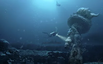 Diver Explores Underwater Post Nature Wallpaper 4K 1680x1050 A, Diver, Explores, An, Underwater, Post-apocalyptic, Landscape, Featuring, Submerged, Statue, Resembling, Liberty, Pink, Gray, Ultrawide