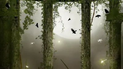 Gothic Ravens Flying Black/Dark Wallpaper 4K 1920x1080 Hd, Gothic, Desktop, Wallpaper, Featuring, Ravens, Flying, Among, Ancient, Vine-covered, Columns, Leafy, White, Ultrawide, Full HD
