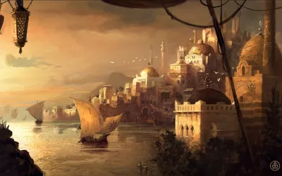 Fantasy Cityscape Warm World Wallpaper 4K 1920x1200 Hd, Fantasy, Cityscape, With, A, Warm, Sunset, Glow, Featuring, Boat, Sailing, Calm, Gray, Brown, Ultrawide, Full HD