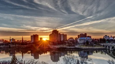 Bold Sunset Wallpaper Nature Wallpaper 4K 3840x2160 Sunset, Over, The, Saskatoon, City, Skyline, In, Canada, Reflecting, River, Captured, Stunning, Gray, Ultrawide, 4k